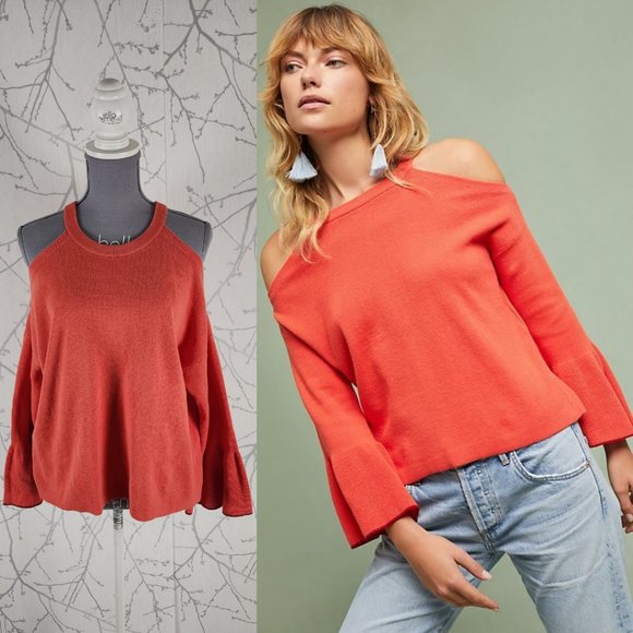 Anthropologie Sweaters - Knitted & Knotted Orange Cotton Knit Cold Shoulder Sweater